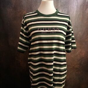 Guess Green Black White Striped Short Sleeve Tee